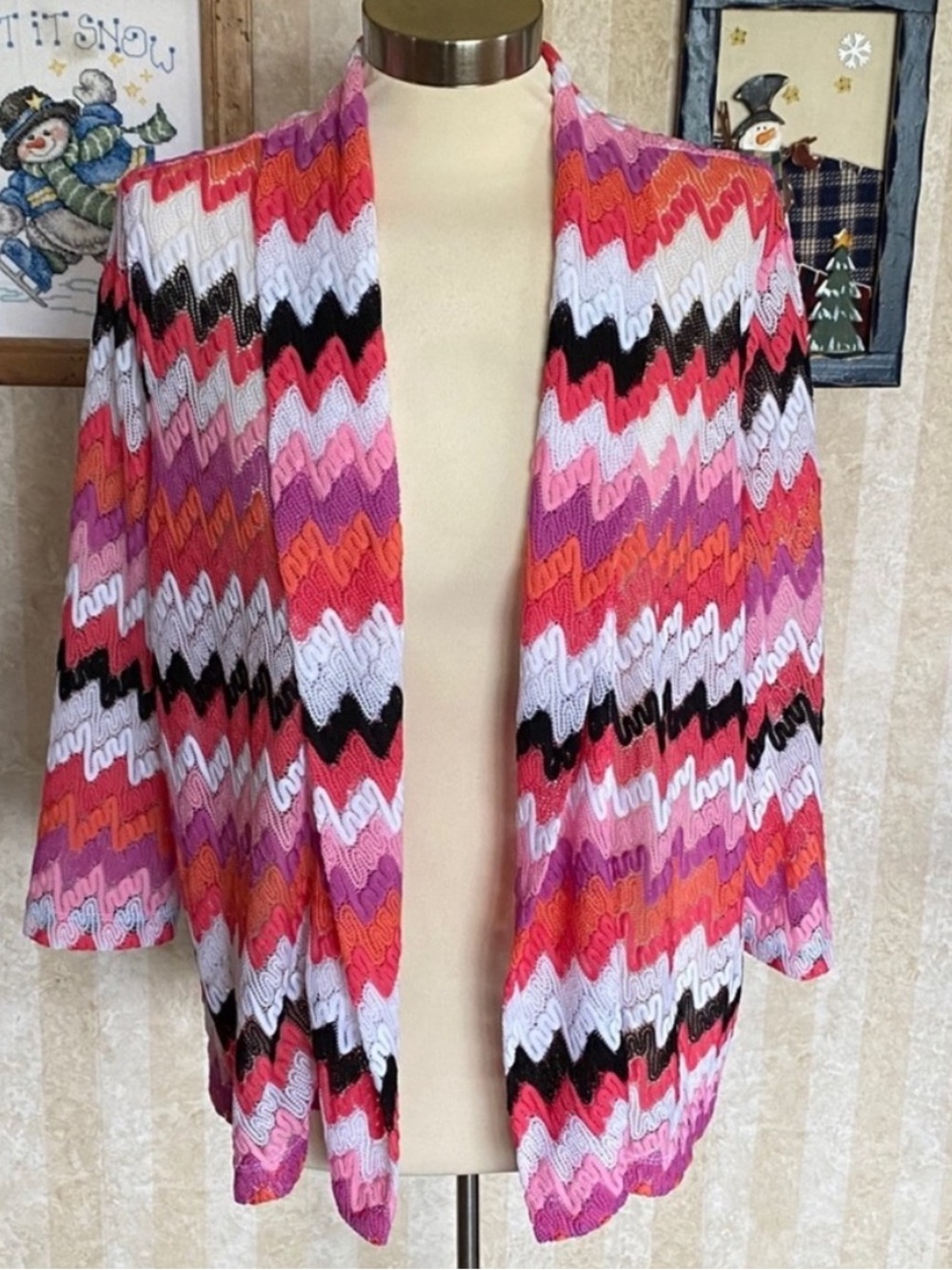 Alfred Dunner Colorful Chevron Zigzag Open-Front Sweater Cardigan - Pink Multi